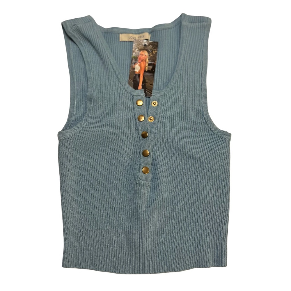 Love Tree Dusty Blue Ribbed Henley Tank with Gold Snaps